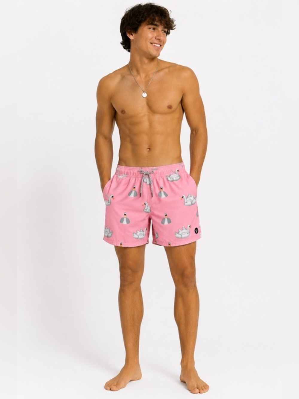 Pink Swan Print Swim Trunks Men’s M Beach Vacation Novelty Tropical Board Shorts
